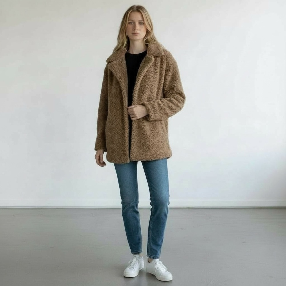 COTTON ON Teddy Coat Khaki Brown Sherpa Fleece Collar Button Warm Winter M